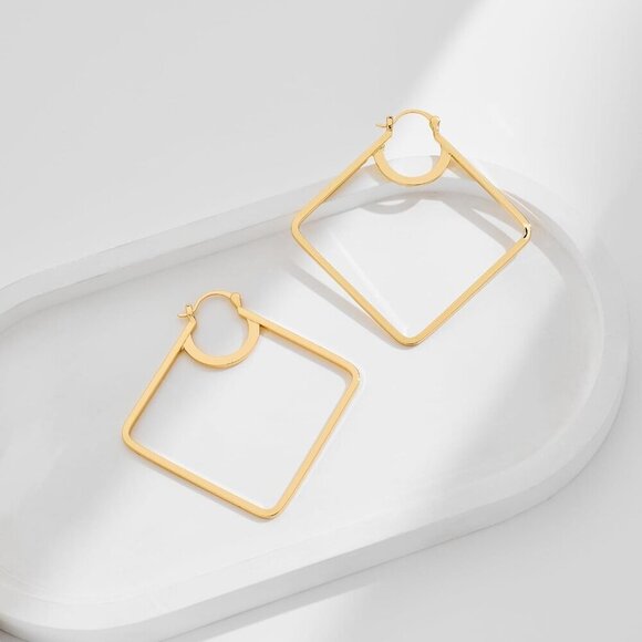 Gold Hoop Earrings Women 18K Gold Plated Square Geometric Statement Jewelry - Picture 6 of 7